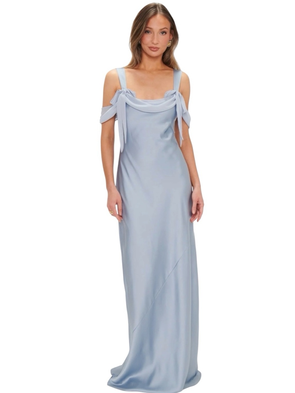 Show Me Your Mumu Bella Maxi Dress Womens Large Steel Blue Luxe Satin Zipper